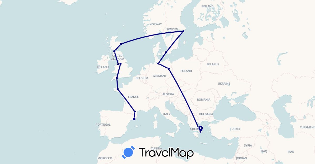 TravelMap itinerary: driving in Germany, Denmark, Spain, France, United Kingdom, Greece, Sweden (Europe)